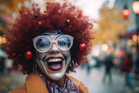 Cheerful clown woman smiling on city streetの素材