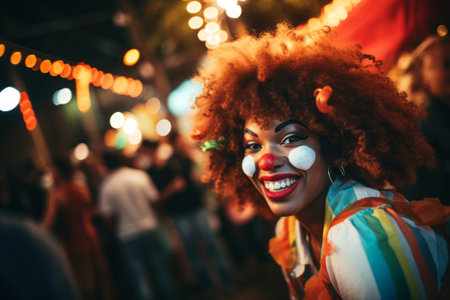 Cheerful clown woman smiling on city streetの素材