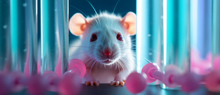 A live white laboratory experimental mouse sits on pills. Concept medical manipulation on animals, vaccine experiment, testing of drugs, vitamins.の素材