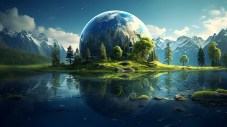 Green Trees on Earth in Space. Ecology Friendly. World Environment and Sustainable Development concept.の素材