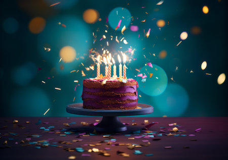 Chocolate birthday cake with candles.の素材