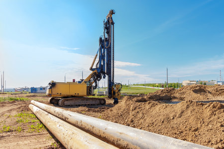 Drilling Machine on a Construction Site with Large Pipesの写真素材