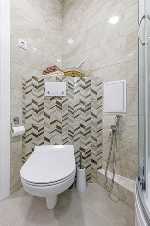 A modern toilet with decorative herringbone patterned tiles, essential accessories, and a functional design that maximizes small space.の写真素材