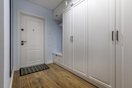 A modern hallway featuring white storage cabinets, a full-length mirror, and warm wooden flooring, with a patterned rug at the entrance.の写真素材