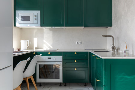 Elegant Green Kitchen with Modern Appliancesの写真素材