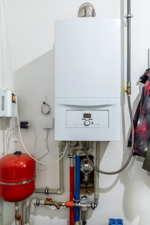 Wall-mounted gas boiler in a private houseの写真素材
