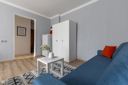 A stylish living area featuring a blue sofa, orange accent pillow, white coffee table with vase, a tall white cabinet and fridge against gray walls and wooden flooring.の写真素材