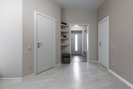 Clean modern hallway with light wood flooring, white doors, built-in corner shelves and a view into the entrance area.の写真素材