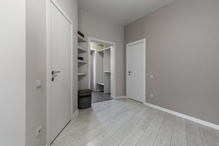 Minimalist hallway with light wood flooring, built-in shelves, white doors and view into a walk-in closet area.の写真素材