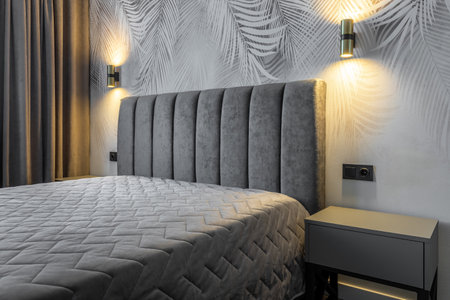 Contemporary Upholstered Bed with Quilted Headboardの写真素材