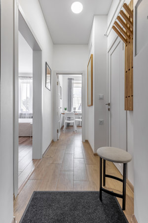 Wide view of a modern hallway in a bright apartment, showing entrance, bedroom, and kitchen with wooden floor and minimalistic decor.の写真素材