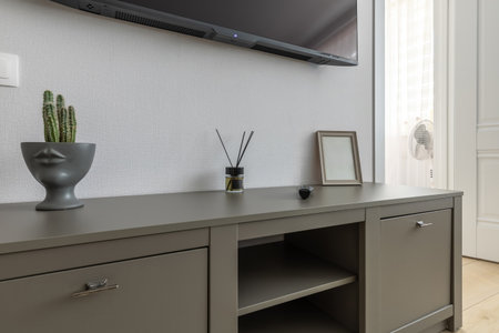 Minimalist TV stand in a modern living room with a cactus in a designer pot, reed diffuser, and empty photo frame creating a stylish and cozy atmosphere.の写真素材