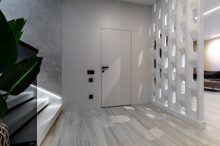 Contemporary foyer featuring a white 3D geometric partition wall and a sleek hidden door. The space includes illuminated stairs with glass railings and light wood flooring, creating a sophisticated minimalist entry to the living area.の写真素材