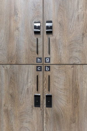 A detailed view of light brown wooden storage lockers in a hostel featuring sleek black handles and...