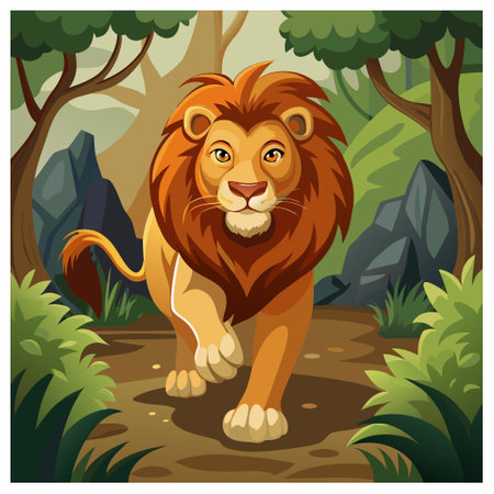 Lion in the jungle vector illustration. Cartoon wild animal character.のイラスト素材