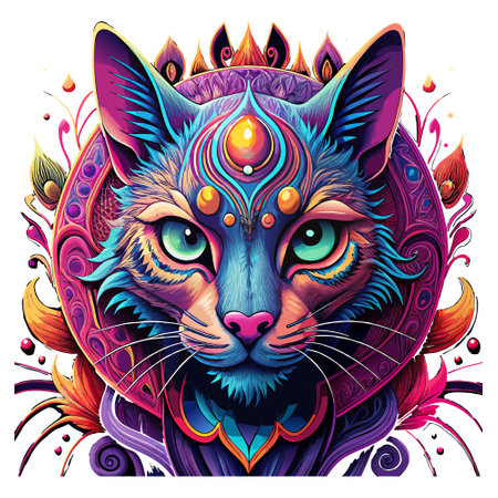Colorful cat face with indian floral ornament. Hand drawn vector illustration.のイラスト素材