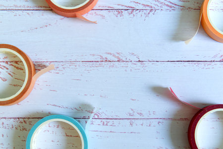 colorful washi tape on white wooden background - planning and journaling conceptの写真素材