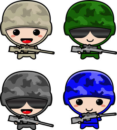 chibi military soldier with cute uniform gear carrying sniper rifle illustrationのイラスト素材