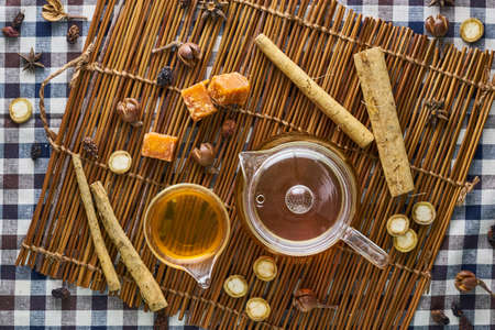 Burdock herbal tea, healthy medicine and remedy. Top view