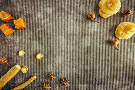 Burdock, organic cane and palm sugar, healthy medicine and remedy Top viewの写真素材