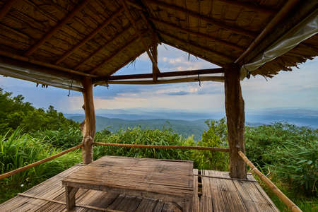 Mountain view in north Thailand through Gazeboの写真素材