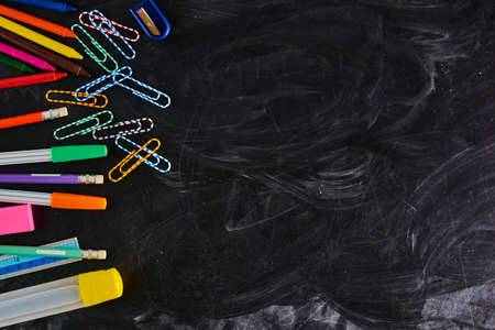 School supplies on blackboard, Back to School background.の写真素材