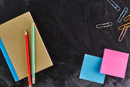 School supplies on blackboard, Back to School background.の写真素材