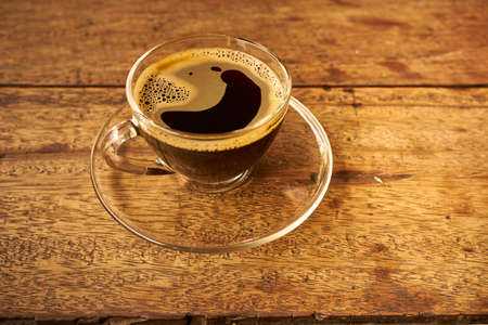 Coffee on Wooden Table background Top Viewの写真素材