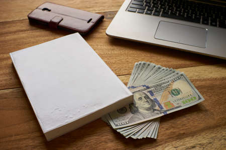 Book with money and Laptop flat layoutの写真素材