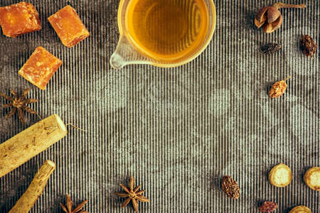 Burdock herbal tea, healthy medicine and remedy. Top viewの写真素材