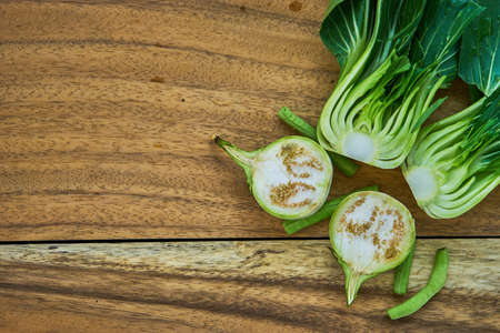 Shanghai Bok Choy, on wood Top viewの写真素材