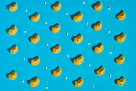 Farfalle pasta random flat lay pattern on blue backgroundの写真素材