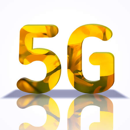 5G text in the form of Mustard flower isolated on white. With shadows and reflection effect. 3d illustrationの写真素材