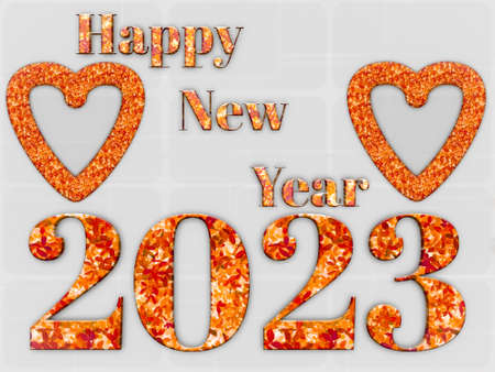 3D illustration happy new year 2023 text in the form of purple leaves isolated on white with hearts...