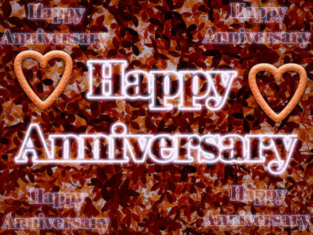 3d rendering happy anniversary texts with heart shapes on purple leaves backgroundの写真素材