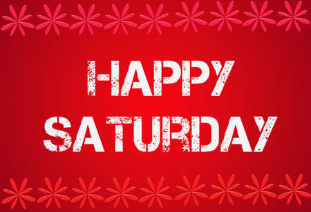 A 3D illustration Happy Saturday text isolated on red background with abstract snowflakesの写真素材