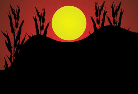 3D illustration silhouette of trees in the sunset with abstract Mountainの写真素材