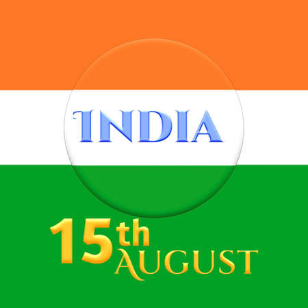 India Flag Glossy illustration round Button with word in English isolated on Indian flag colors background. The sign and symbol of the country. Independence Day.の写真素材
