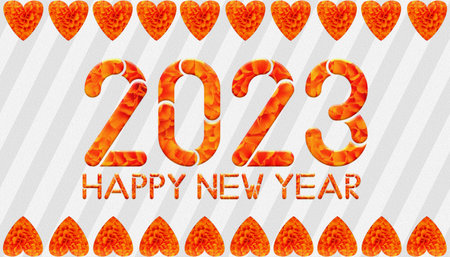 A 3D rendering 2023 HAPPY NEW YEAR text in the form of marigold flower isolated on white with Heart...