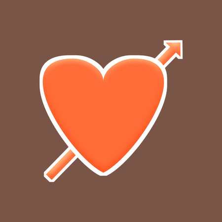 A 3D rendering heart and arrow icon on dark pink background. orange romantic heart with arrow. heart with arrow sing. flat style.の写真素材