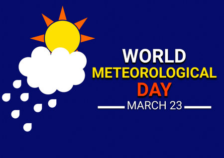 World Meteorological Day 3D illustration with sun and clouds on blue background. March 14. Holiday concept. Template for background, banner, card, poster with text inscription.の写真素材
