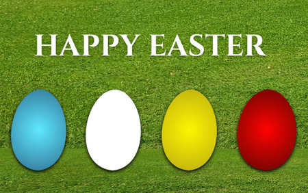 Easter eggs on green grass background. Happy Easter greeting card.
