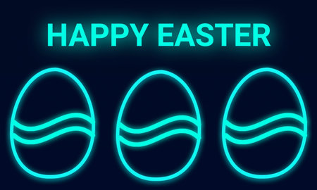 Happy Easter neon lettering with eggs on blue background. illustrationの写真素材