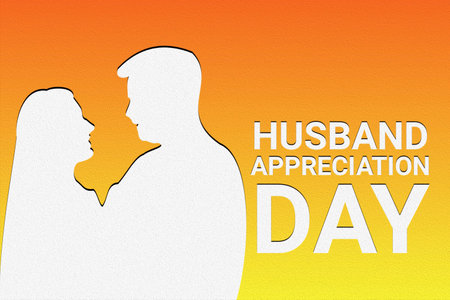 Husband Appreciation Day. White Silhouette of a man and a woman in front of an orange background.の写真素材