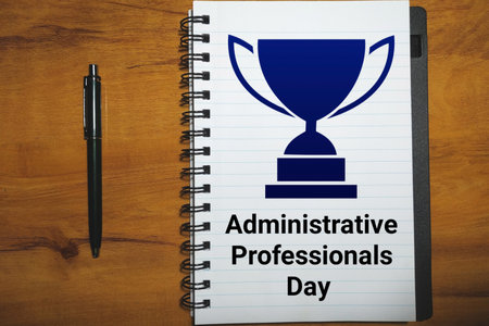 Administrative Professionals Day background with text and trophy on notebook with pen. Template for background, banner, card, poster with text inscriptionの写真素材