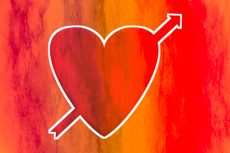 Heart pierced by an arrow on a red and orange background. Valentine's day card.の写真素材