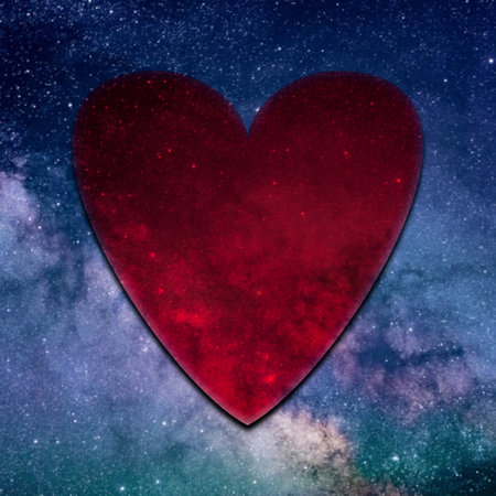 Red heart in the starry sky. Valentine's day background.の写真素材