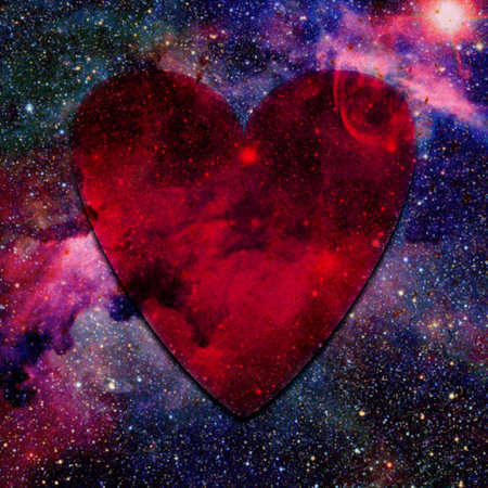 Red heart in the space. Abstract background with space and stars.の写真素材