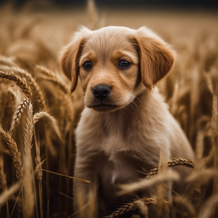 A Cute Golden Puppy in a Field of Wheat. Generative AIの素材