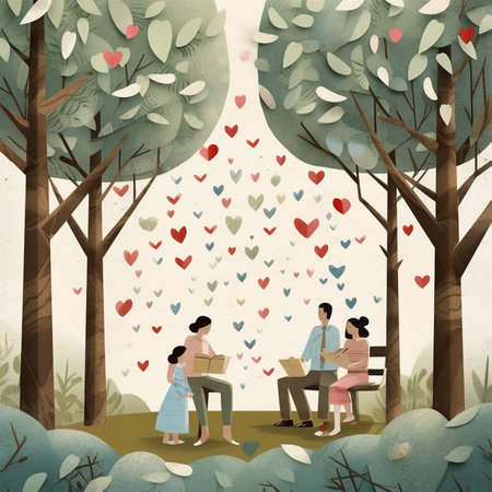 International Day of the Family card with couple sitting on bench in the park. Generative AIの素材
